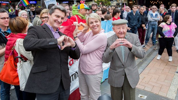 A gay marriage rally in Sydney at the weekend attended by (from left) Rodney Croome, national director of Australian Marriage Equality, Labor deputy leader Tanya Plibersek and gay activist Dr John Challis.