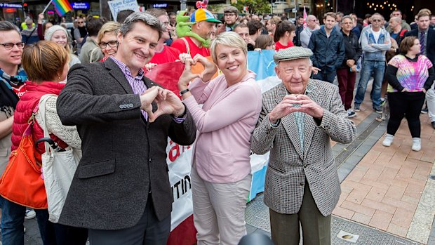 A gay marriage rally in Sydney at the weekend attended by (from left) Rodney Croome, national director of Australian Marriage Equality, Labor deputy leader Tanya Plibersek and gay activist Dr John Challis.