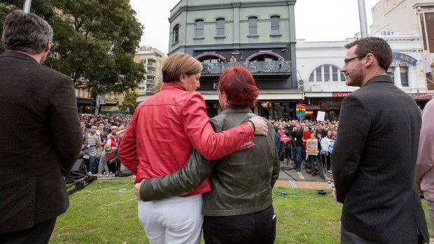 "Why wouldn't I want to marry this beautiful woman as soon as I could?" Christine Forster with her partner Virginia Edwards at the Rally for Marriage Equality in Taylor Square.
