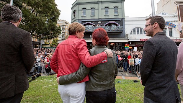 "Why wouldn't I want to marry this beautiful woman as soon as I could?" Christine Forster with her partner Virginia Edwards at the Rally for Marriage Equality in Taylor Square.