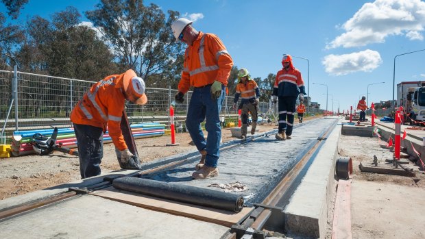 The first tracks in Canberra's light rail project have been laid in Franklin. 