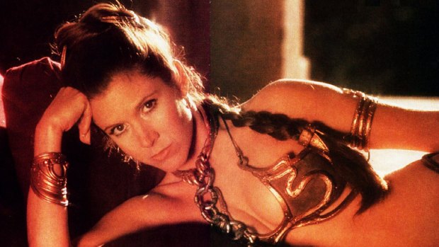 Princess Leia in her famous gold bikini. The only underwear George Lucas allowed in space, according to Carrie Fisher. 