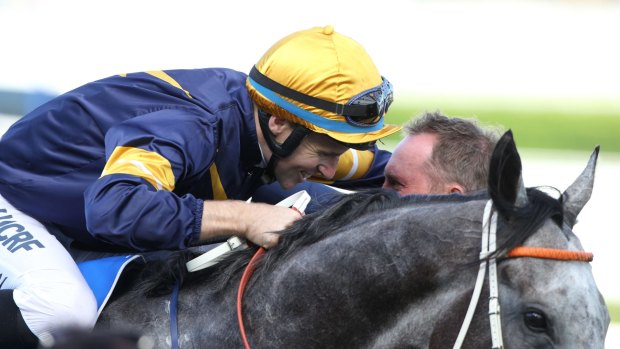 Grey flash: Trainer Michael Hawkes greets Tommy Berry after riding Chautauqua to win the TJ Smith Stakes.