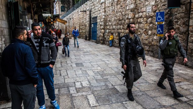 Israeli police officers patrol Jerusalem's occupied Old City.