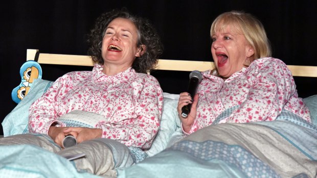 In bed with Judith Lucy, left, and Denise Scott.