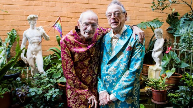 Peter Bonsall-Boone (left) and his long-term partner Peter de Waal marched in Sydney's first Mardi Gras. 