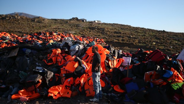Life jackets abandoned by refugees who made the crossing from Turkey to the Greek island of Lesbos earlier this month. Millions of Syrians have fled the warzone of their homeland. 