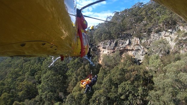Rescue: The Westpac helicopter lifts Jordan from the gorge.