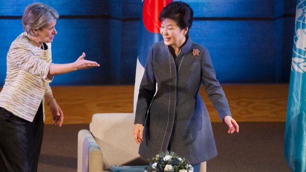 Irina Bokova invites South Korea President Park Geun-hye to address members of the UNESCO last year.