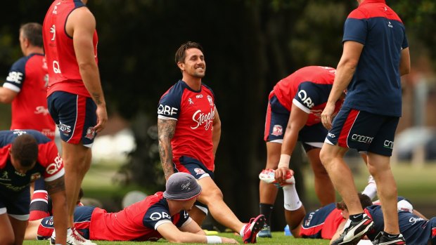 Ready for the Rabbitoh 'robots': Mitchell Pearce at training on Wednesday.