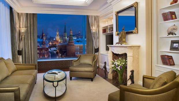A hotel room in the Ritz Carlton in Moscow.