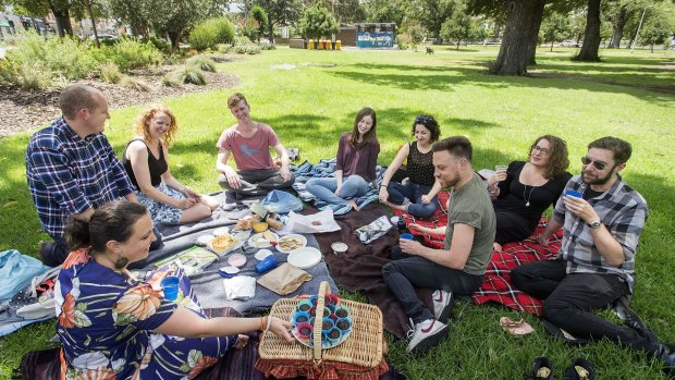 Laura Mcarthy (foreground) celebrates her birthday with friends and a picnic in Edinburgh Gardens.