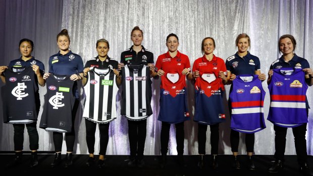 Star players: Carlton’s Darcy Vescio (left) and Brianna Davey, Collingwood’s Moana Hope and Emma King, Melbourne’s Melissa Hickey and Daisy Pearce, and Western Bulldogs’ Katie Brennan and Ellie Blackburn.