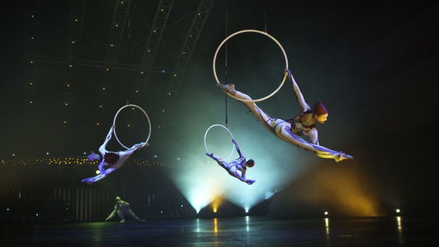 Lisa Skinner with her fellow aerial hoop artists in Cirque Du Soleil's Quidam.