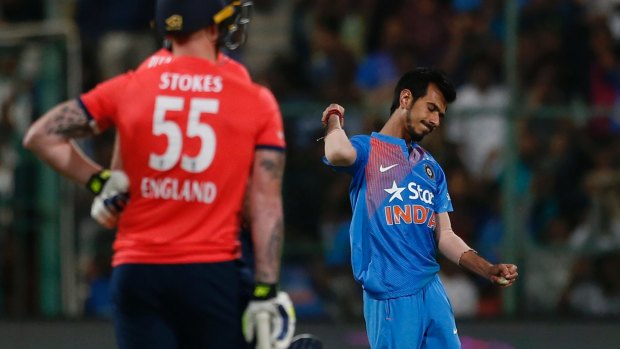 Six wicket haul: Yuzvendra Chahal celebrates the dismissal of England's Ben Stokes.