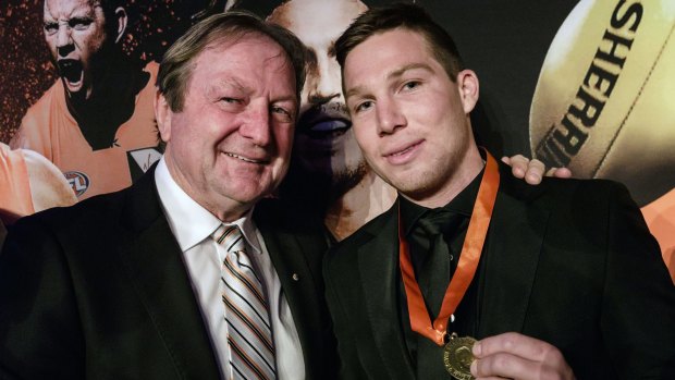 Medal winner: Kevin Sheedy presents the medal awarded in his name to Toby Greene at the Greater Western Sydney awards.