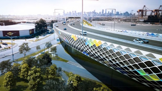 An artist's impression of the Footscray Road elevated freeway section of the West Gate Tunnel. 