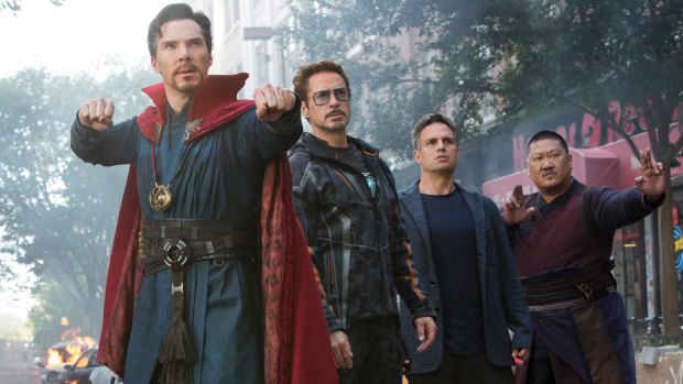 Doctor Strange (Benedict Cumberbatch), Iron Man (Robert Downey Jr), Bruce Banner (Mark Ruffalo) and Wong (Benedict Wong).