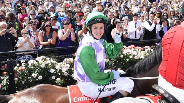 Michelle Payne on Prince of Penzance after winning last year's Melbourne Cup.
 
