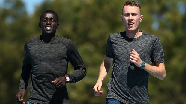 High hopes: Peter Bol (left), with fellow Australian track athlete Alex Rowe during the Australian Junior Athletics Championships in March.