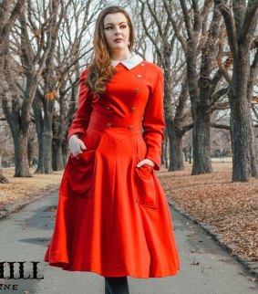 Model Georgia in a red dress, circa 1970, designed by Elvie Hill, and styled in 2017 by fashion historian Tom McEvoy.
