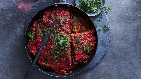 Skillet meatloaf with ajvar sauce recipe.