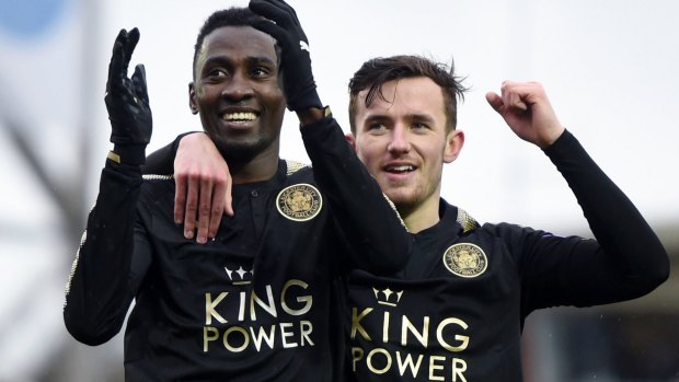 Leicester City's Wilfred Ndidi (left) and Ben Chilwell celebrate Leicester's fifth goal against Peterborough United at the ABAX Stadium, Peterborough on Saturday.