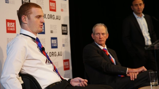 Bennett with Alex McKinnon at the Knights forward's first press conference last year since suffering his spinal injury.