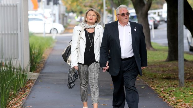 Noelle Dickson, mother of Sarah Cafferkey, arrives at the Coroners Court with partner Lawrence Seery on Tuesday.