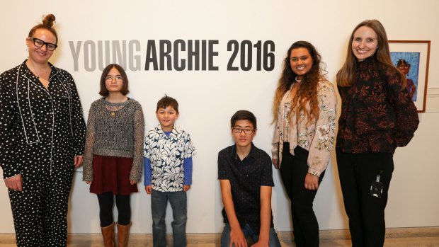 Young Archie judges and winners: Del Kathryn Barton, Olivia Lee, Alexander Bennett, Mikael Woo, Dilara Niriella and Victoria Collings.