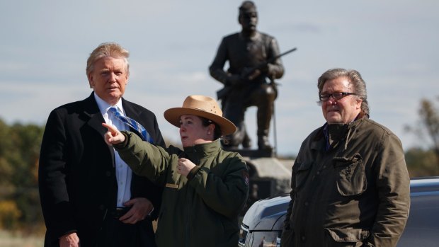 Steve Bannon, right, with park ranger Caitlin Kostic and Donald Trump at the Gettysburg National Military Park in October.