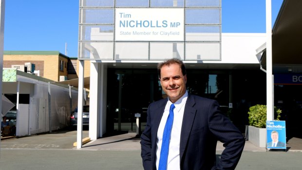Labor candidate for Clayfield Philip Anthony outside Tim Nicholls's electorate office.