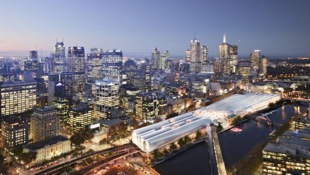 Artist's impression of the winning design - by HASSELL + Herzog & de Meuron - of the Flinders Street Station redesign competition.