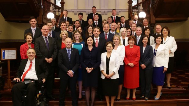 The QLD Labor caucus after swearing in at Parliament House.