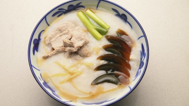Congee with sliced pork and century egg.