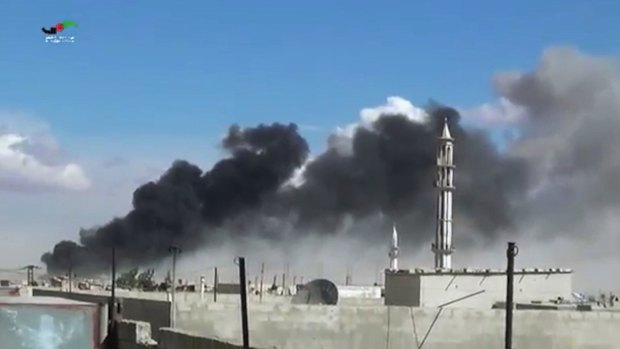 Smoke rises after airstrikes by military jets in Talbiseh in the Homs province, western Syria, after Russian military jets carried out airstrikes for the first time.