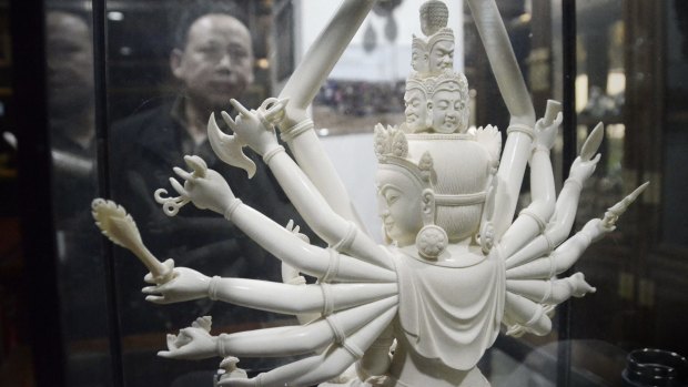  A Chinese man looks at an ivory Buddha carving at a shop in Beijing in 2013. Beijing on Thursday imposed a one-year ban on the import of ivory carvings.
