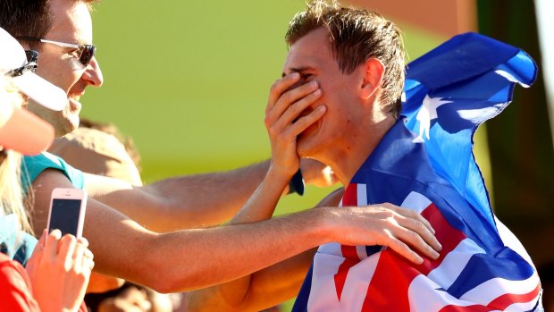 Teary: Dane Bird-Smith after his bronze medal in the 20km walk.