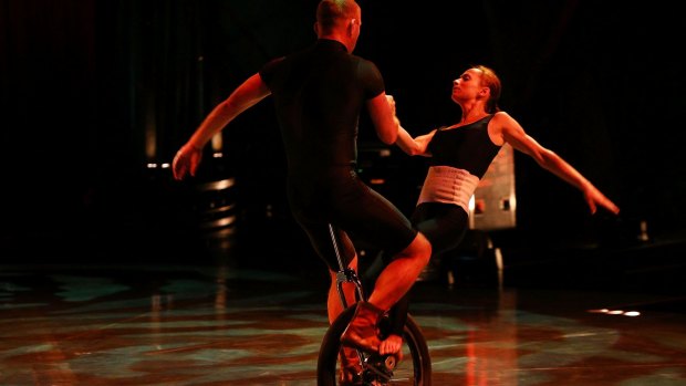 Unicylce duo Yuri Shavro and Olga Tutynina rehearse ahead of their performance in 'Kooza' by Circue du Soleil.