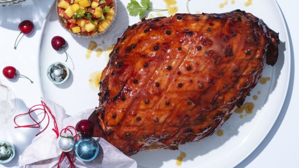 Mango and chilli-glazed ham with tomato and mango sambal (top left).