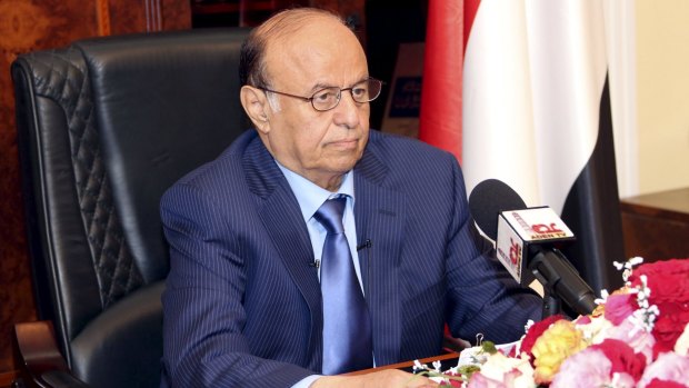 Yemen's President Abedrabbo Mansour Hadi in Aden earlier this month before fleeing to Saudia Arabia.