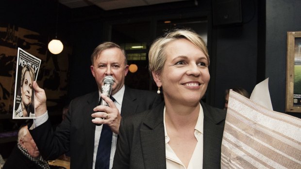 Tanya Plibersek "hands over" the Balmain peninsula - birthplace of the ALP - to Anthony Albanese  at the Sackville Hotel.
