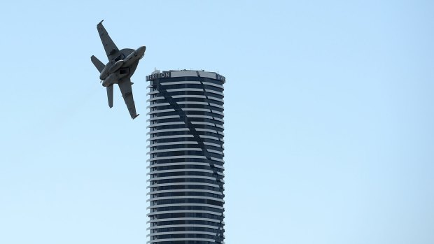 Brisbane shook as two F/A-18F Super Hornets flew low over the city on Friday.