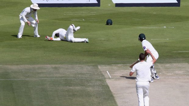 Point of impact: Brad Haddin lands heavily on his right shoulder from a Peter Siddle delivery.