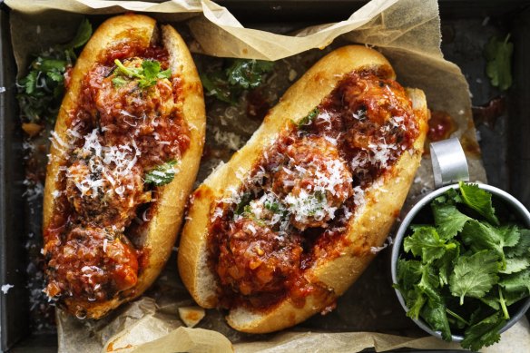 Spicy pork and spinach meatball subs.
