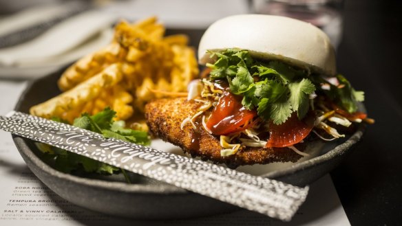 The Mr Miyagi 'Chicken Schnitty Bao Burger' and waffle fries is sure to be a hit at the 2022 Melbourne Night Noodle Markets.