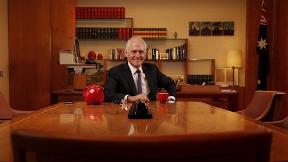 Prime Minister Malcolm Turnbull in his prime ministerial suite at Parliament House in Canberra 