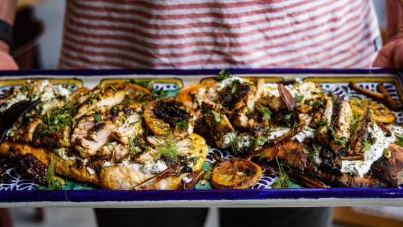 Flatbreads topped with chermoula chicken, charred lemon, dates and tzatziki.