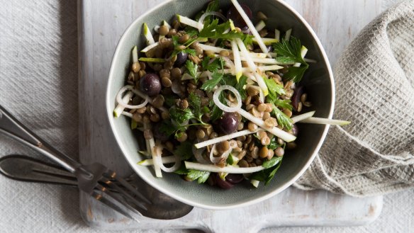 Pair this delicious autumnal apple, lentil, grape and watercress salad with sausages for a meal. 