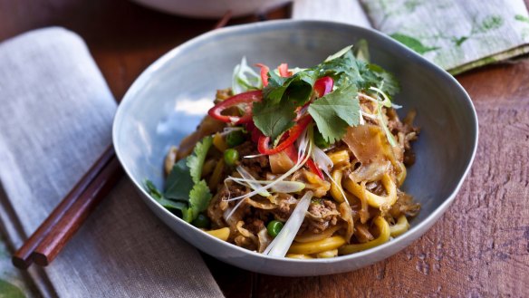 Chow mein-style pork calls for a wine that can cut through the weight and richness of the oil.
